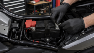 Motorradbatterie unter dem Fahrersitz beim Abklemmen des Minuspols