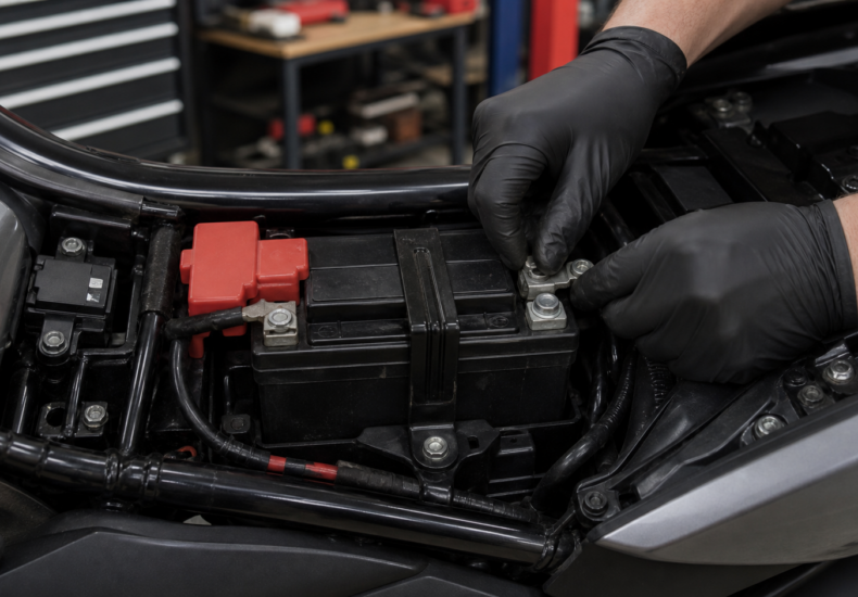 Motorradbatterie unter dem Fahrersitz beim Abklemmen des Minuspols